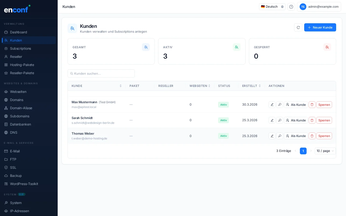 Kundenverwaltung im Hosting Panel