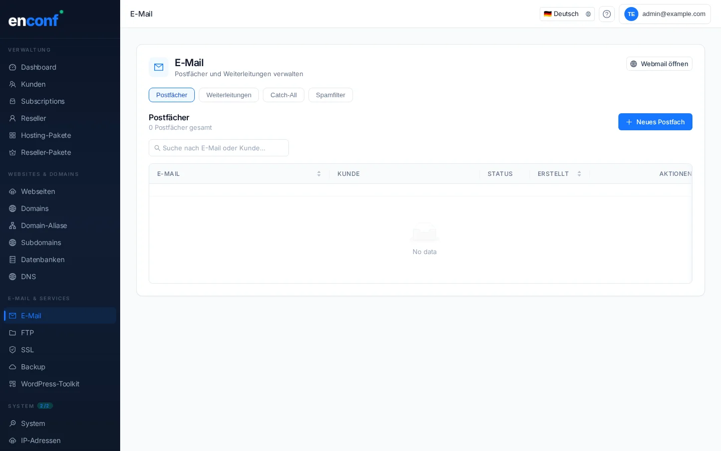 E-Mail Management im Webhosting Panel